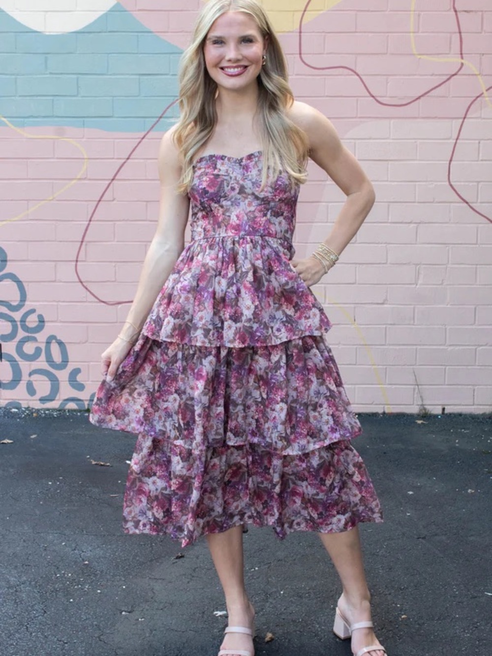 Storia Floral Tiered Midi Dress in Pink and Purple with detachable straps NWT